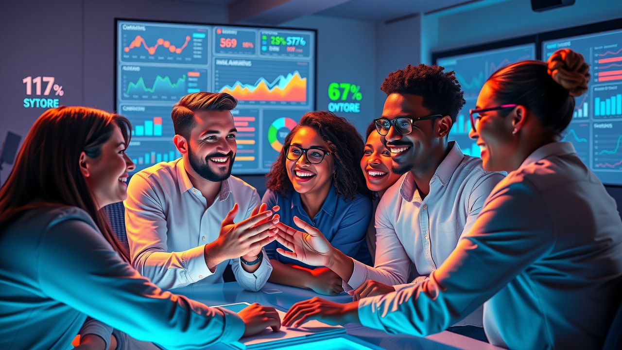 A diverse marketing team collaborating over digital marketing analytics, strategizing the use of selected media channels for optimal marketing effectiveness.