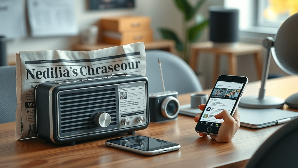 media channel comparison: classic newspaper and radio set beside smartphone with social media feeds