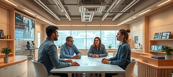 futuristic site design, creative architects strategizing, brainstorming, photorealistic, open-concept workspace with virtual displays, highly detailed, dynamic teamwork, 8k quality, soothing earth tones, soft ambient lighting, shot with a Nikon 35mm f/1.8 lens.