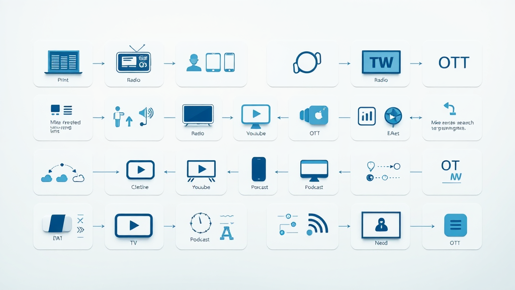 infographic comparing media platforms: print, radio, TV, YouTube, podcast, OTT