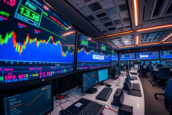 Efficient ROI finance, focused, monitoring market fluctuations, photorealistic, high-tech trading floor with multiple computer monitors, highly detailed, graphs and real-time data feeds, fisheye lens, contrasting colors, fluorescent lighting, shot with a 15mm camera lens.
