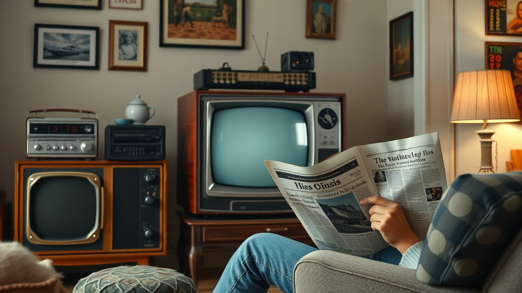 traditional media channels with retro television, radio, and vintage newspaper next to a modern digital tablet