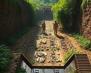 agency origins, reflective, archaeologists uncovering ancient artifacts, photorealistic, overgrown excavation site with relics, highly detailed, rugged terrain, high dynamic range, earthy tones, direct sunlight filtering through foliage, shot with a 35mm lens.