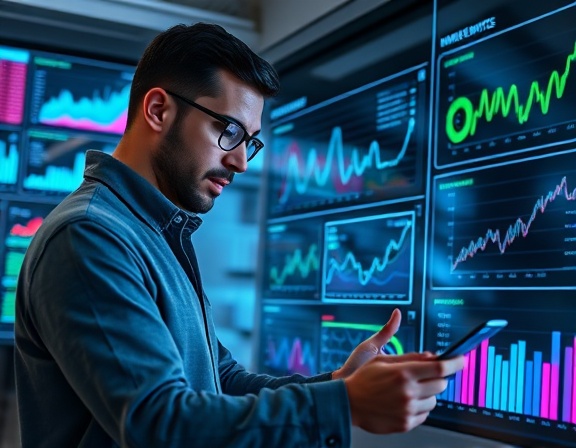 informative socialmedia analytics, analytical expression, examining data charts, photorealistic, inside a tech-savvy workspace, highly detailed, holographic displays and analytics dashboards, ultra-HD quality, gray, bright artificial light, shot with a 24mm lens.