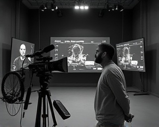 interactive media network, engaging, presenting tech interview, photorealistic, minimalist tech studio design, highly detailed, dynamic spatial audio effect, high-definition clarity, monochrome aesthetic, directional lighting, shot with a Sony Zeiss 50mm f/1.4 lens.