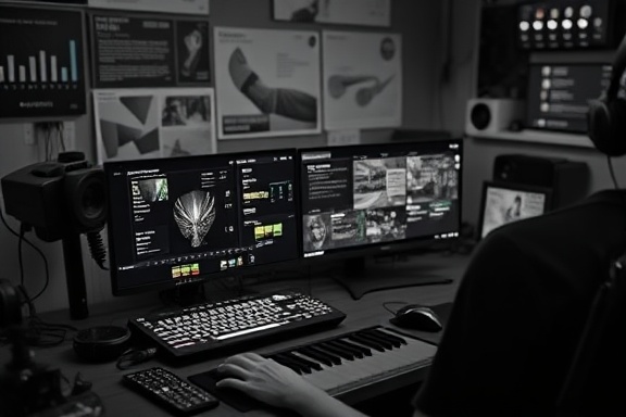 efficient syndication tool, sleek and intuitive, streamlining workflow, photorealistic, tech workspace filled with gadgets, highly detailed, glowing interface interactions, 24mm lens angle, monochrome palette, soft ambient glow, shot with a Nikon Z 24mm f/1.8 lens.