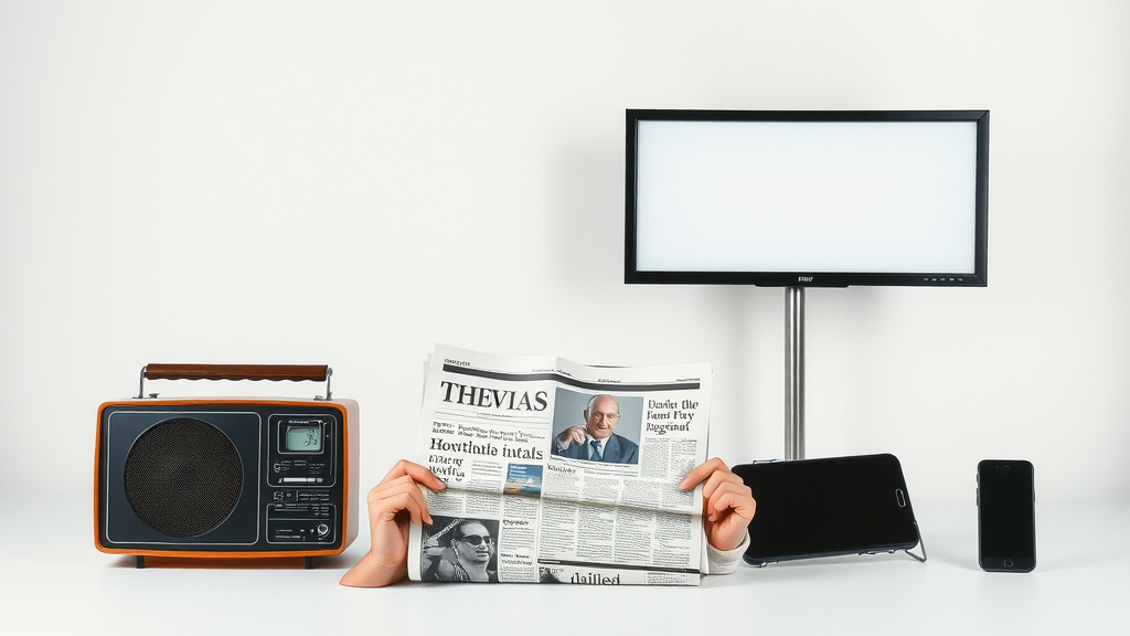 Visual lineup of media devices including radios, TV, newspapers, tablets, billboards, and smartphones, showcasing the range of media channels.