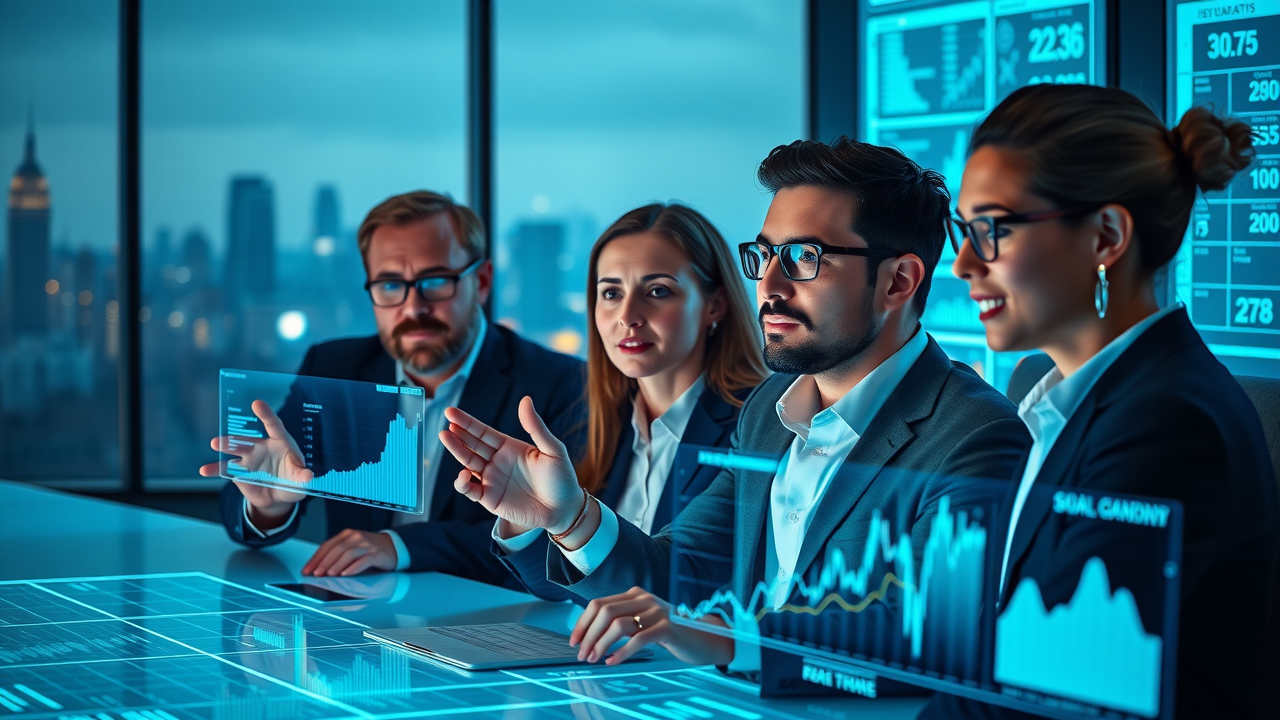 Business executives and marketers analyzing futuristic digital dashboards featuring media channel trends 2025 in a cinematic city boardroom
