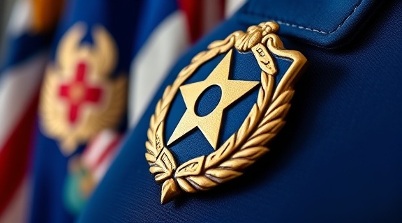 distinguished authority badge, iconic, pinned on a uniform, photorealistic, with a background of service medals and flags, highly detailed, subtle glints of light, macro shot, royal blue and gold, natural daylight, shot with a 100mm macro lens.