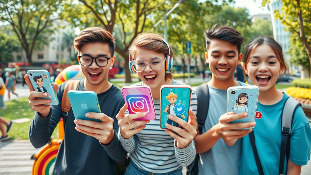 young users excitedly using multiple social media apps on transparent smartphones in an urban park, representing digital media channels 2025 and diverse social platform usage.