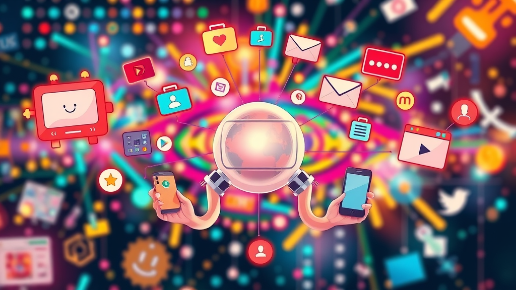 varied digital marketing channels illustration cheerful icons representing TV mobile print online media platforms media mix impact
