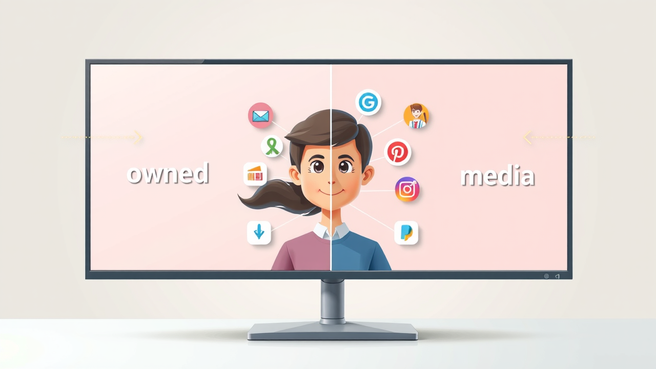 Split-screen visualization of owned, earned, and paid media channels—digital marketing strategies 2025