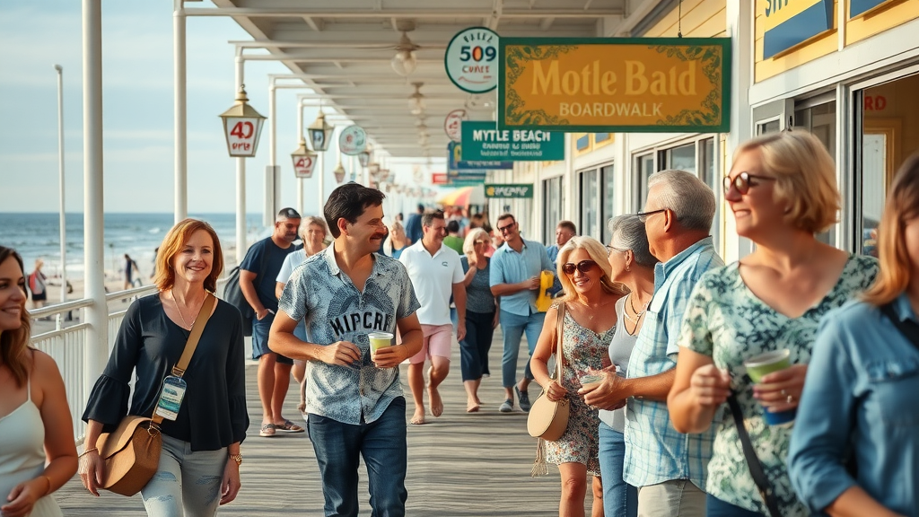 vibrant Myrtle Beach boardwalk bustling with diverse business owners and local customers, storefronts and ocean in background, highly detailed, lively reflections, myrtle beach