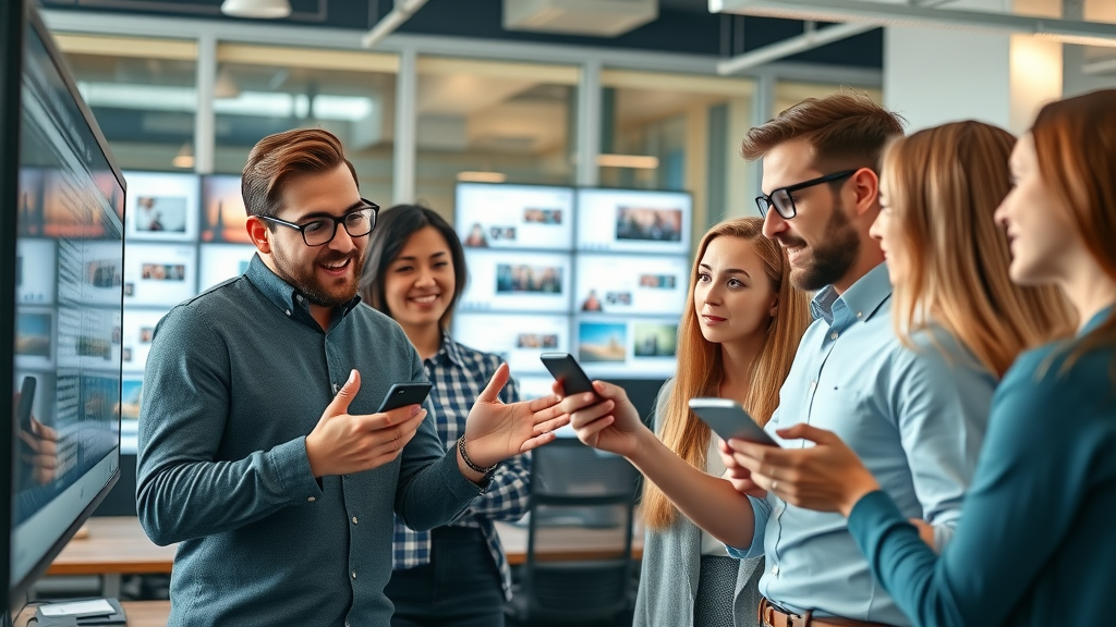 collaborative workspace with young professionals strategizing social media campaigns and analyzing viral trends