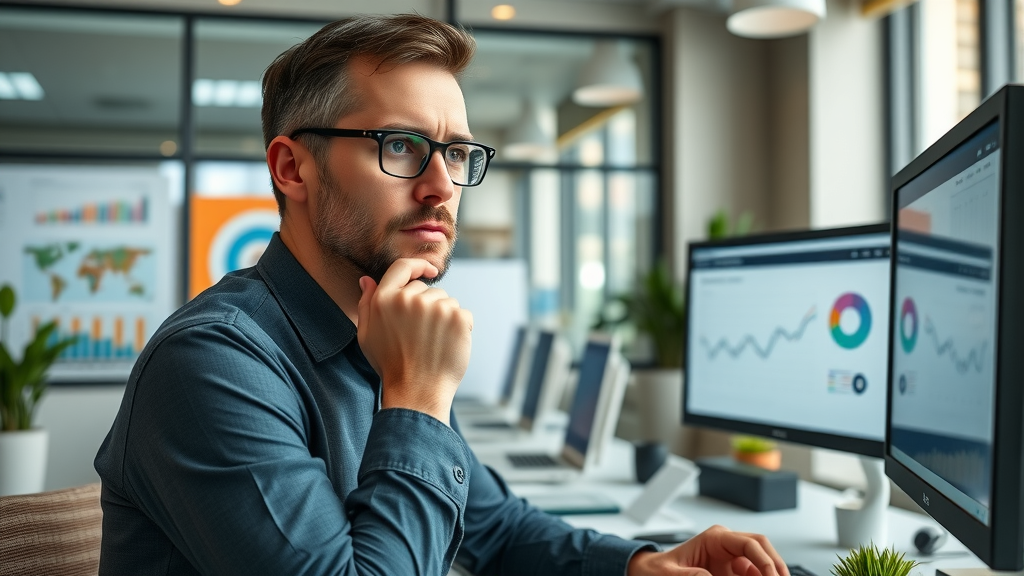 analytical marketing professional reviewing digital media channels 2025 data dashboards in a modern workspace with animated analytics charts on screens.