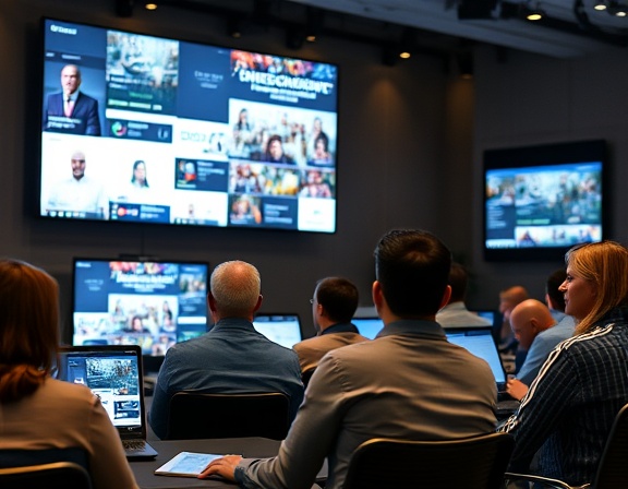 collaborative content syndication, engaged and focused, connecting media channels, photorealistic, virtual conference with multiple screens showing content flow, highly detailed, interactive graphics and virtual reality elements, 50mm lens precision, diverse color spectrum, diffused artificial lighting, shot with a Fujifilm XF 50mm f/2 lens.