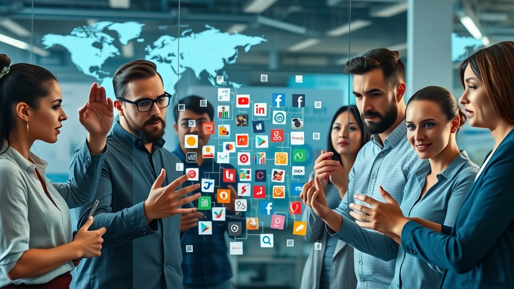marketing team creating a media mix with traditional, digital, and social media icons on a transparent board
