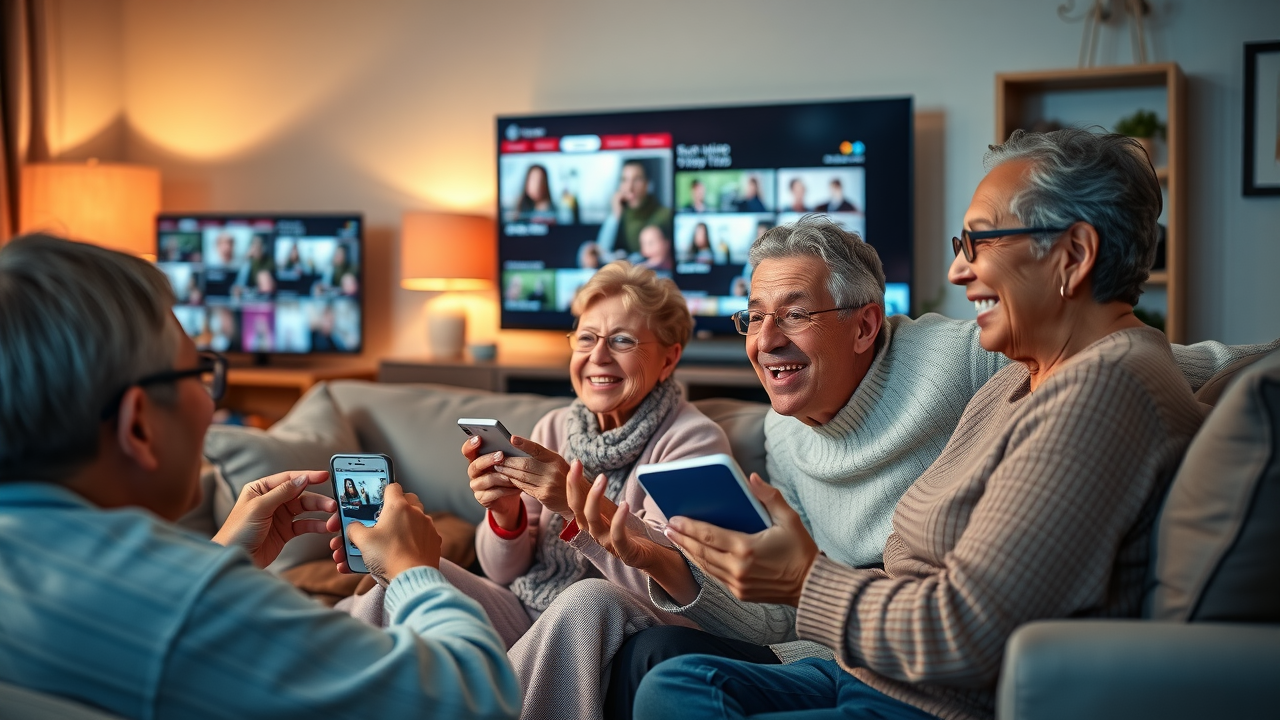 Multi-generational family enjoying hybrid media experience with smart TV and social platform feeds in a digitally blended living room