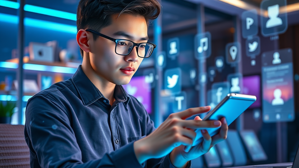 Young professional using social media platforms for digital marketing, posting content on multiple devices with animated digital interface, highlighting the impact of digital media channels.