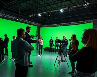 imaginative media creation, directors orchestrating scenes, directing, photorealistic, film set with green screens and actors, highly detailed, vibrant production, crystal clarity, cinematic tones, studio lighting, shot with a Canon 85mm f/1.2 lens.