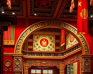 agency heritage, proud, showcasing cultural iconographies, photorealistic, grand exhibition hall with national symbols, highly detailed, layered cultural artifacts, high contrast, rich red and gold tones, uplighting accentuation, shot with a medium telephoto lens.