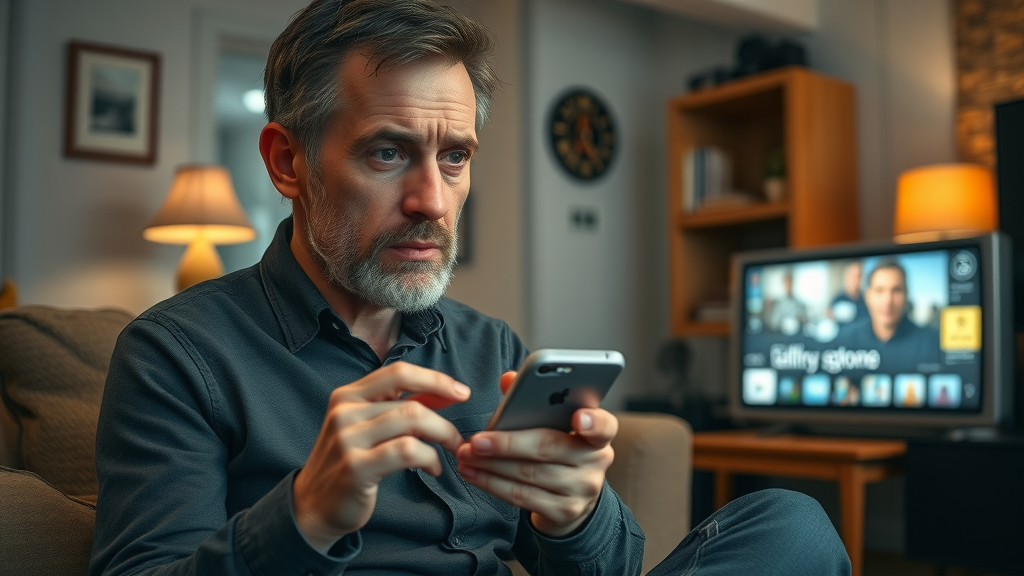 consumer evaluating trust and credibility of media channels on smartphone and TV in a cozy living room
