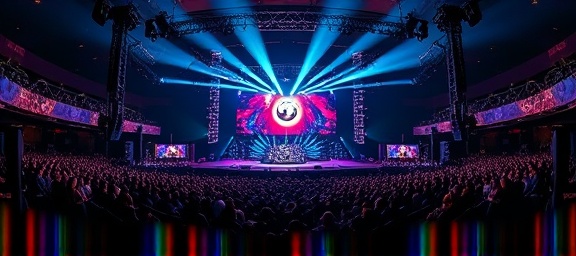 global media broadcast, compelling, showcasing world event, photorealistic, panoramic view of a concert, highly detailed, visual and audio synchrony, pristine clarity, saturated colors, stage spotlights, shot with a Canon RF 15-35mm f/2.8L lens.