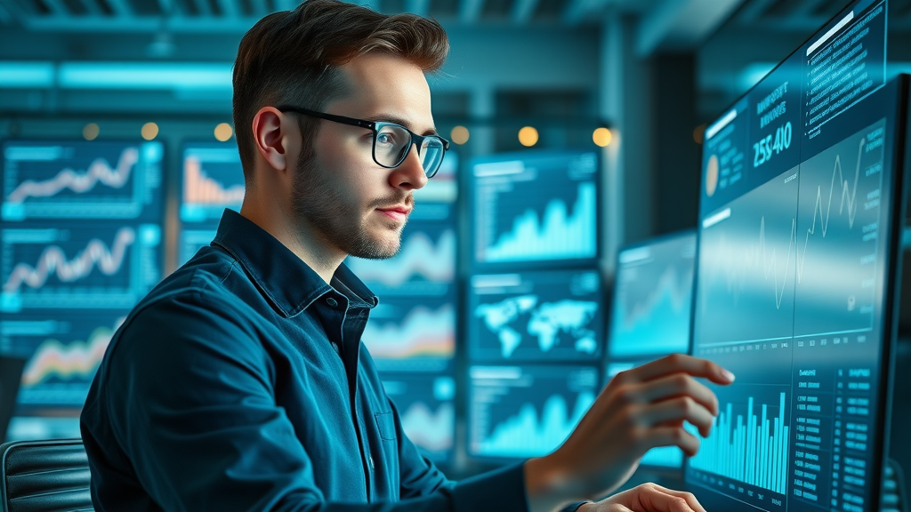 Insightful digital marketer analyzing audience analytics on a futuristic dashboard, modern media channel strategy, digital platform algorithms in action