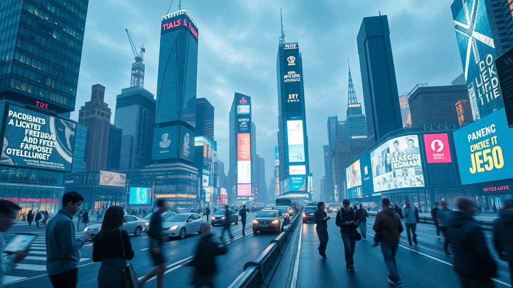futuristic city skyline featuring people interacting with digital devices, browsing and engaging on digital media channels 2025, with high-rise glass buildings, digital billboards, immersive screens, and holograms.