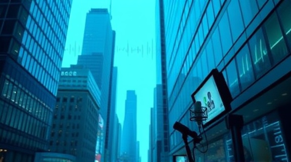 modern media platform, innovative, featuring a live podcast, photorealistic, sleek urban setting with skyscrapers, highly detailed, digital audio waves, high fidelity sound, cool blue hues, studio lighting, shot with a Sony 16-35mm f/4 lens.