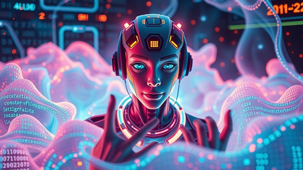 Futuristic AI avatar surrounded by digital algorithms and glowing media content, symbolizing generative AI content creation in 2025