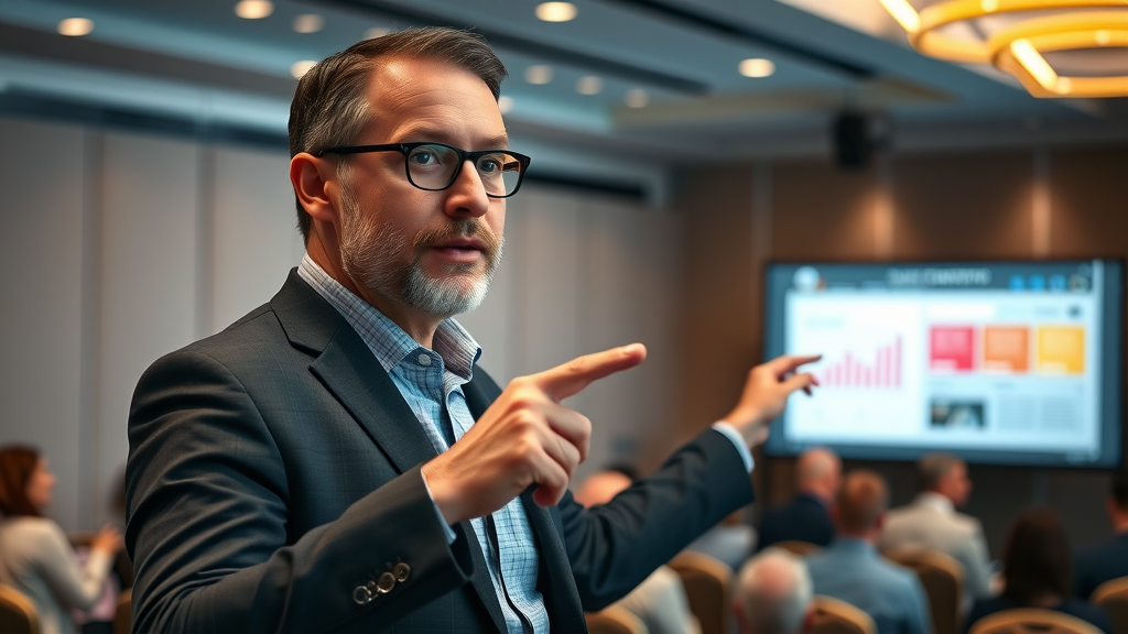 Marketing expert explaining media channel definition with a digital infographic, engaging an audience in a professional conference environment, highlighting digital and traditional media channels.