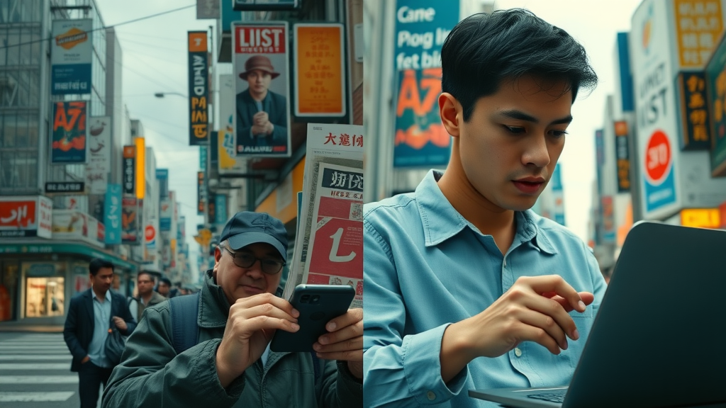 Split-screen comparison of traditional and digital media channels, showcasing bustling print media, billboards, and radio vs. personal digital device usage, representing the evolution of media channel definition.