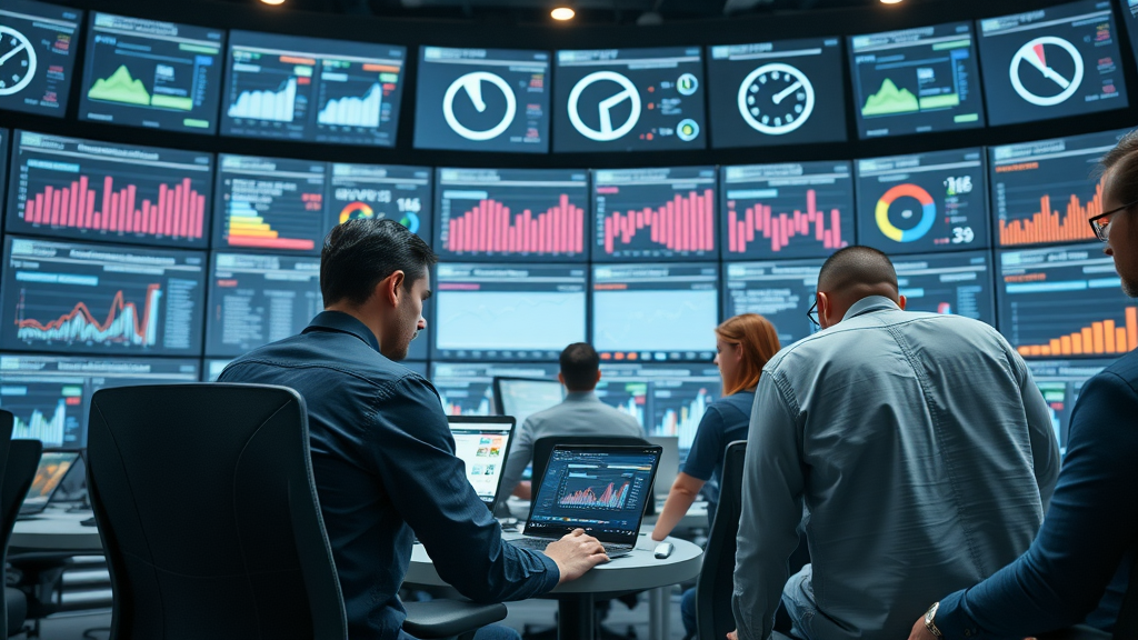 team of marketers overseeing campaign performance dashboards for integrated marketing efforts