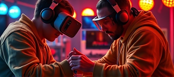 dynamic media creation, artists deeply focused, crafting, photorealistic, high-tech studio with VR setup, highly detailed, energetic vibes, sharp detail, neon accents, spotlight lighting, shot with a Sony 50mm f/1.2 lens.