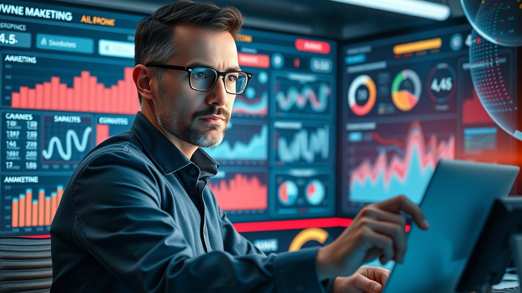 marketer using AI tools and analytics dashboard for media channel segmentation