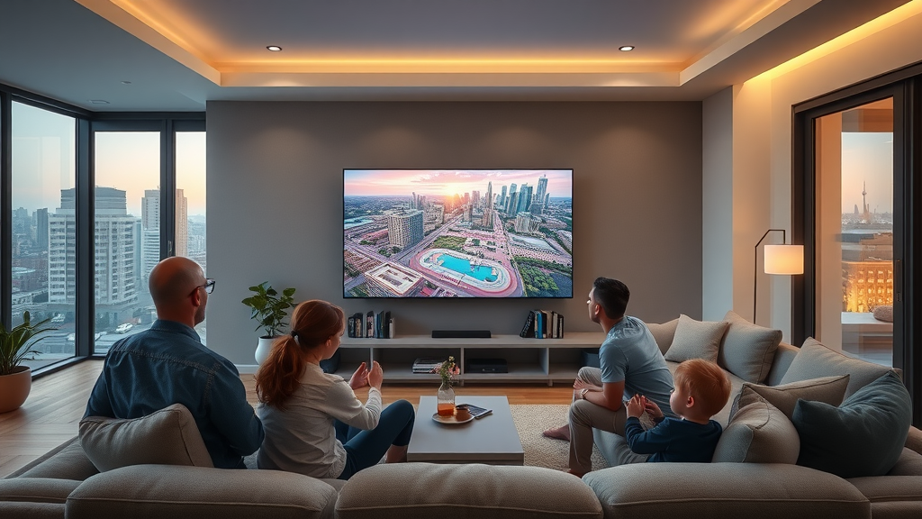 Family in living room watching a dynamic TV advertisement on smart TV, modern setting