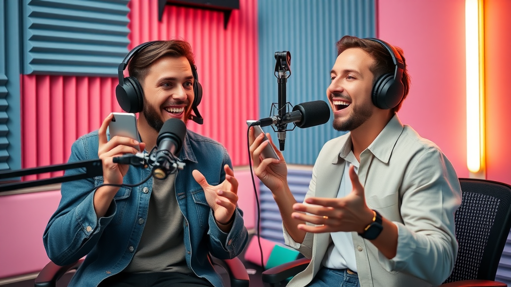 Trendy podcast studio with marketing hosts recording, colorful soundproofing, creative neon-lit background
