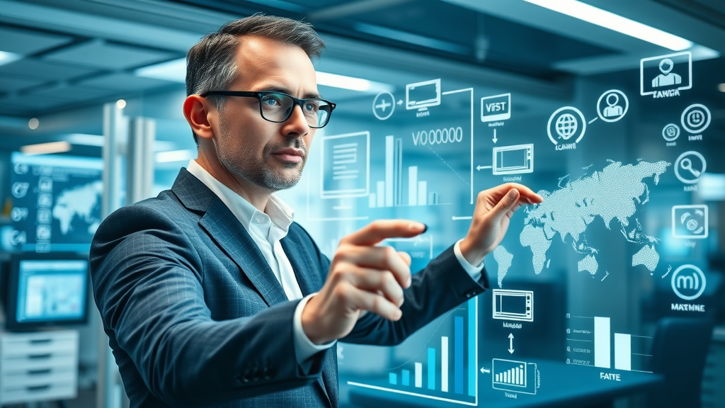 marketing strategist mapping adaptive digital marketing strategies on digital whiteboard, representing marketing channels 2025 and global connectivity.