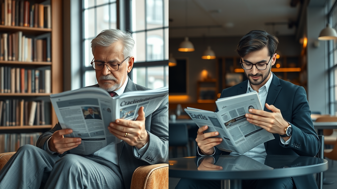 Balanced split-screen of a businessperson reading a newspaper and another using a digital tablet for traditional vs digital media comparison