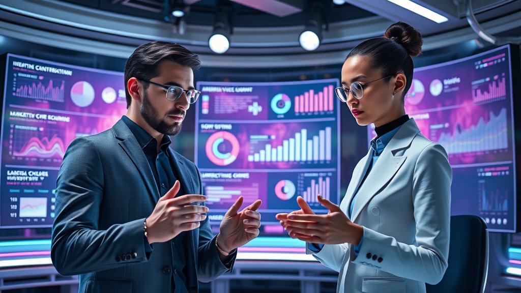Marketers and AI assistants collaborating on interactive video and branded content marketing campaigns for 2025 in a futuristic studio with analytics graphs