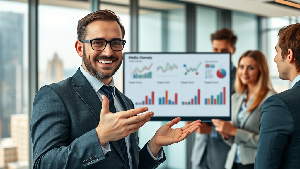 authoritative marketing strategist in modern office presenting diverse media channels chart for what is a media channel