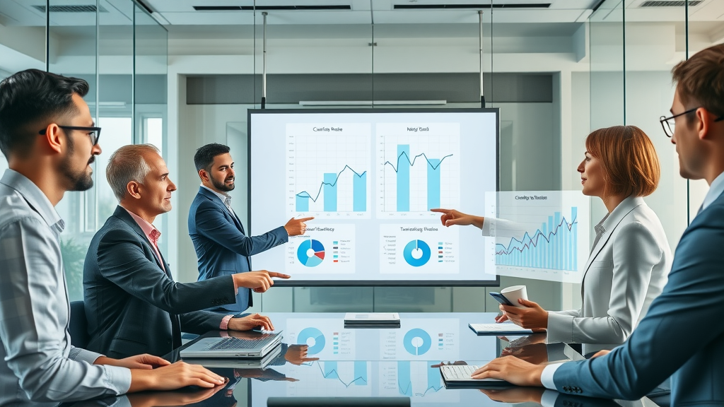 Marketing team analyzing media channel conversion rate graphs in high-end boardroom, projected graphs