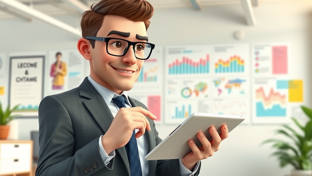 business leader checking media channel strategy on tablet in a bright office