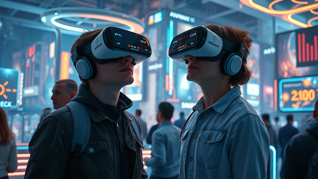 users with AR VR headsets in futuristic city, blending digital and real media channels