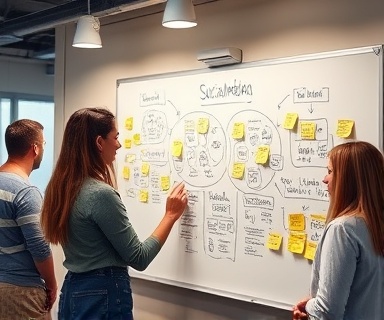 creative socialmedia strategy, inspired expression, brainstorming on a whiteboard, photorealistic, in a collaborative co-working space, highly detailed, colorful diagrams and sticky notes, pin-sharp resolution, yellow, ambient overhead lighting, shot with a wide-angle lens.