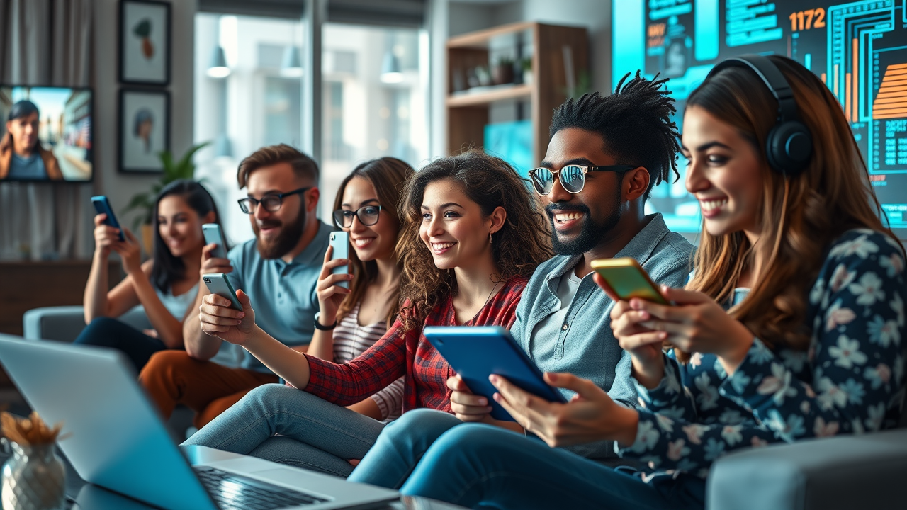 Media channel trends 2025 dynamic collage of streaming devices, smartphones, and laptops with viewers engaging digital content in modern urban living room environments with data visualization