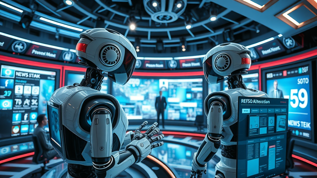 Futuristic newsroom with AI-powered robots delivering content, advanced media platforms, digital marketing 2025