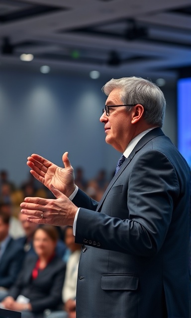 prominent authority influence, influential, giving a keynote speech, photorealistic, in a large modern conference room with attentive audience, highly detailed, dynamic gestures captured, 12k resolution, cool hues, spotlight lighting, shot with a 35mm wide-angle lens.