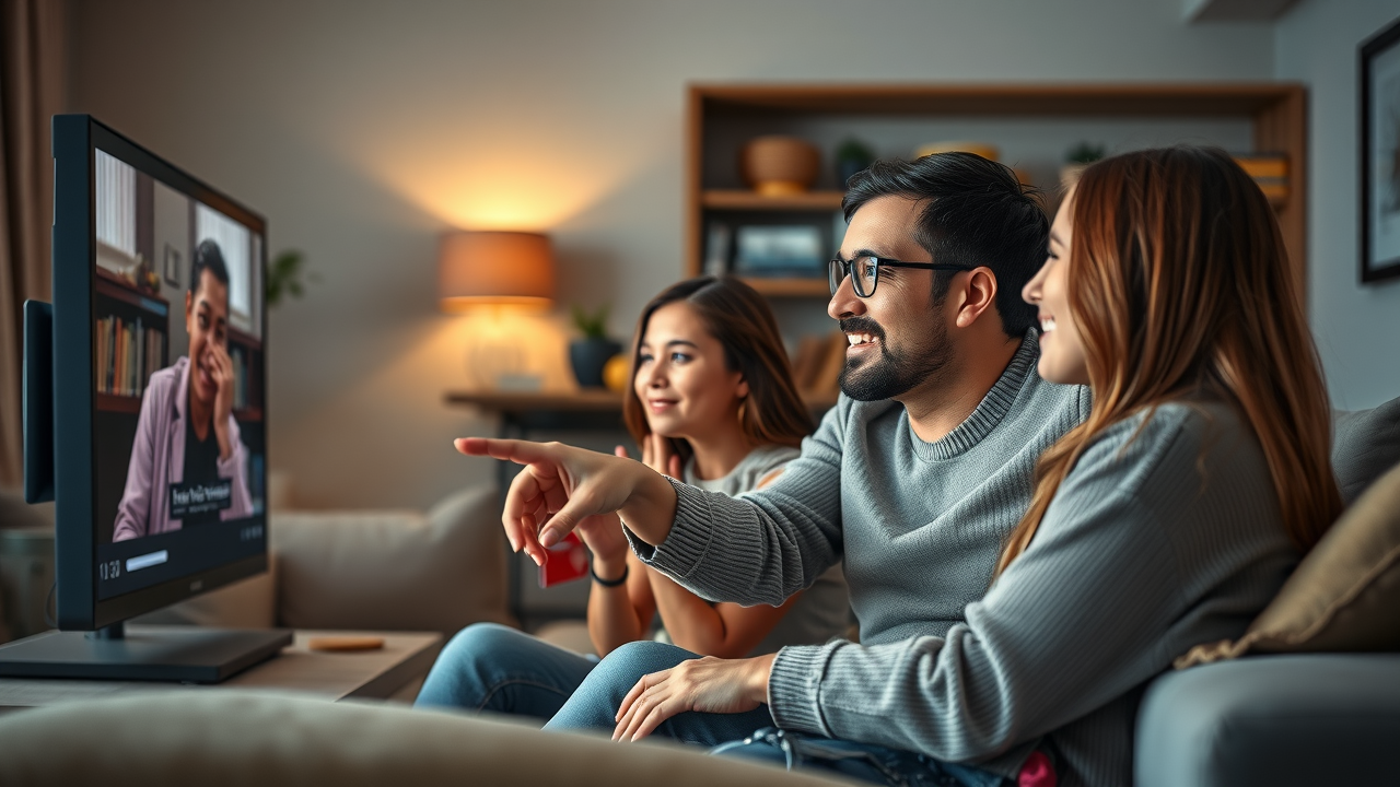 A family interacting with television as a traditional media channel in a cozy living room, highlighting TV